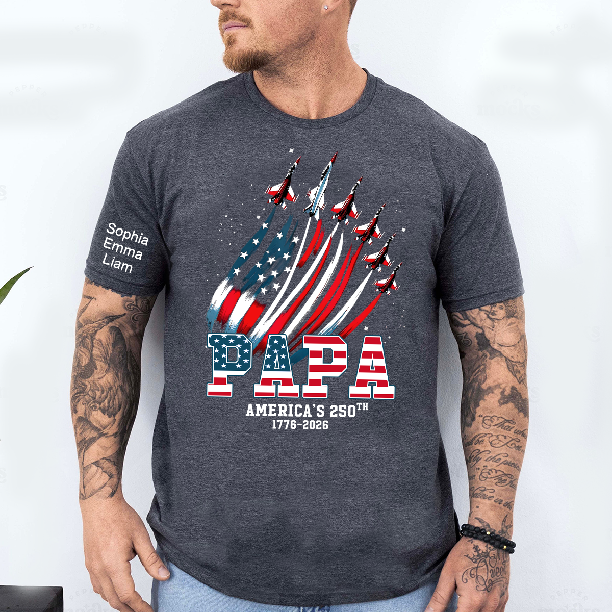 Personalized Papa Patriotic American Flag Shirt with Kids Names, Custom Family Nickname T-Shirt for Dad Fathers Day 4th of July America’s 250th 1776-2026