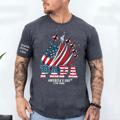 Personalized Papa Patriotic American Flag Shirt with Kids Names, Custom Family Nickname T-Shirt for Dad Fathers Day 4th of July America’s 250th 1776-2026