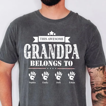 This Awesome Grandpa Belongs to Kids Shirt, Personalized Papa Tee with Kids Names, Patriotic Dad Shirt, Custom Grandpa Gift, 4th of July Family Shirt