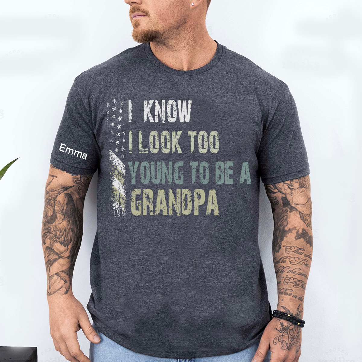I Know I Look Too Young To Be A Grandpa Shirt, Personalized Kids Name Sleeve Tee for Grandpa Papa Fathers Birthday Gift Shirt