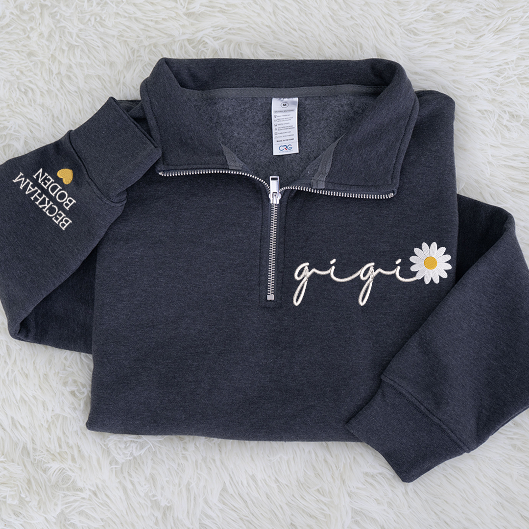 Custom Embroidered Gigi daisy flower Sweatshirt And Grandkids Quarter Zip Sweater
