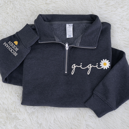 Custom Embroidered Gigi daisy flower Sweatshirt And Grandkids Quarter Zip Sweater