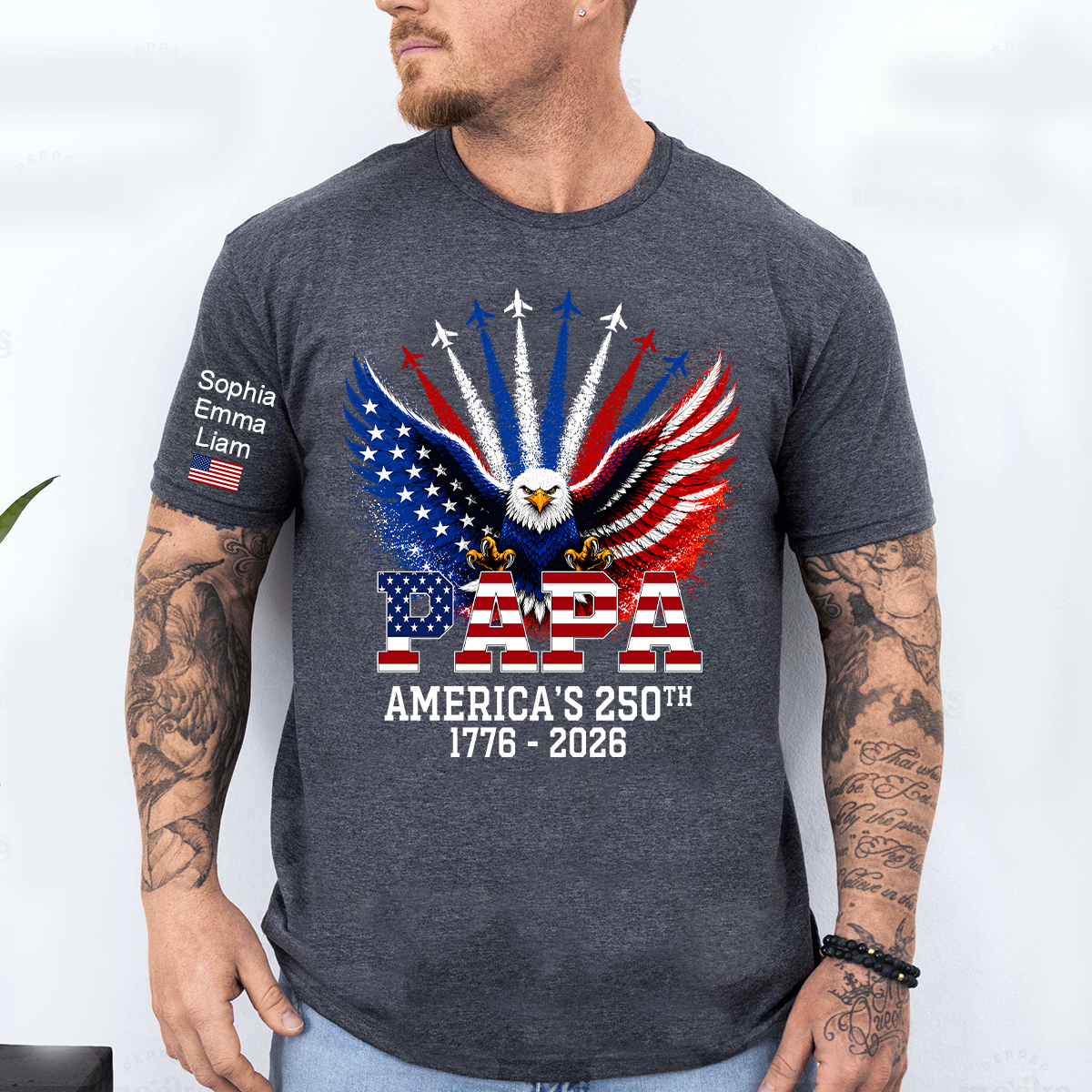 Personalized Grandpa Patriotic Eagle Shirt Custom Kids Names Sleeve, U.S. 250th Anniversary 1776 2026, Gift For Father's Day Birthday
