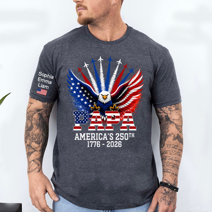 Personalized Grandpa Patriotic Eagle Shirt Custom Kids Names Sleeve, U.S. 250th Anniversary 1776 2026, Gift For Father's Day Birthday