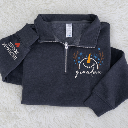 Custom Embroidered Grandma Snowman Sweatshirt And Grandkids Quarter Zip Sweater