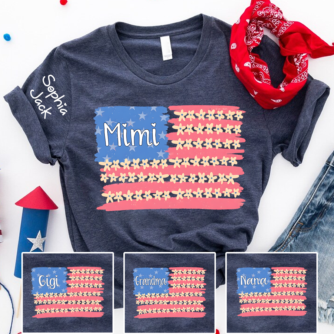 Personalized Mimi Flag Flower American T-shirt , Personalized Mimi Gigi Grandma Nana Shirt for 4th of July, Mother's Day, Birthday Gift, Custom Family Names