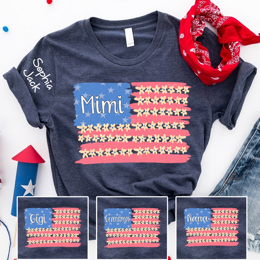 Personalized Mimi Flag Flower American T-shirt , Personalized Mimi Gigi Grandma Nana Shirt for 4th of July, Mother's Day, Birthday Gift, Custom Family Names