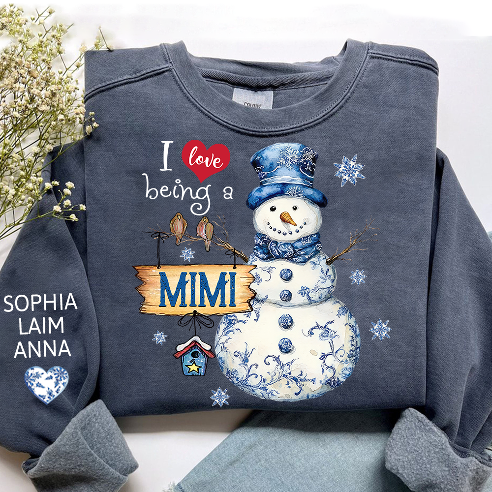 Personalized I Love Being a Mimi Snowman blue toile Sweatshirt and Grandkids Name Winter Design