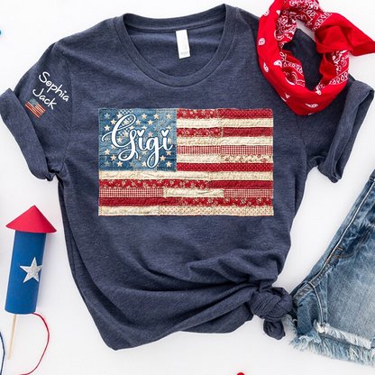 Personalized Gigi Patriotic Patchwork Flag Shirt with Custom Kids Names on Sleeve, Vintage Grandma Family Shirt for Women, 4th of July Birthday Shirt