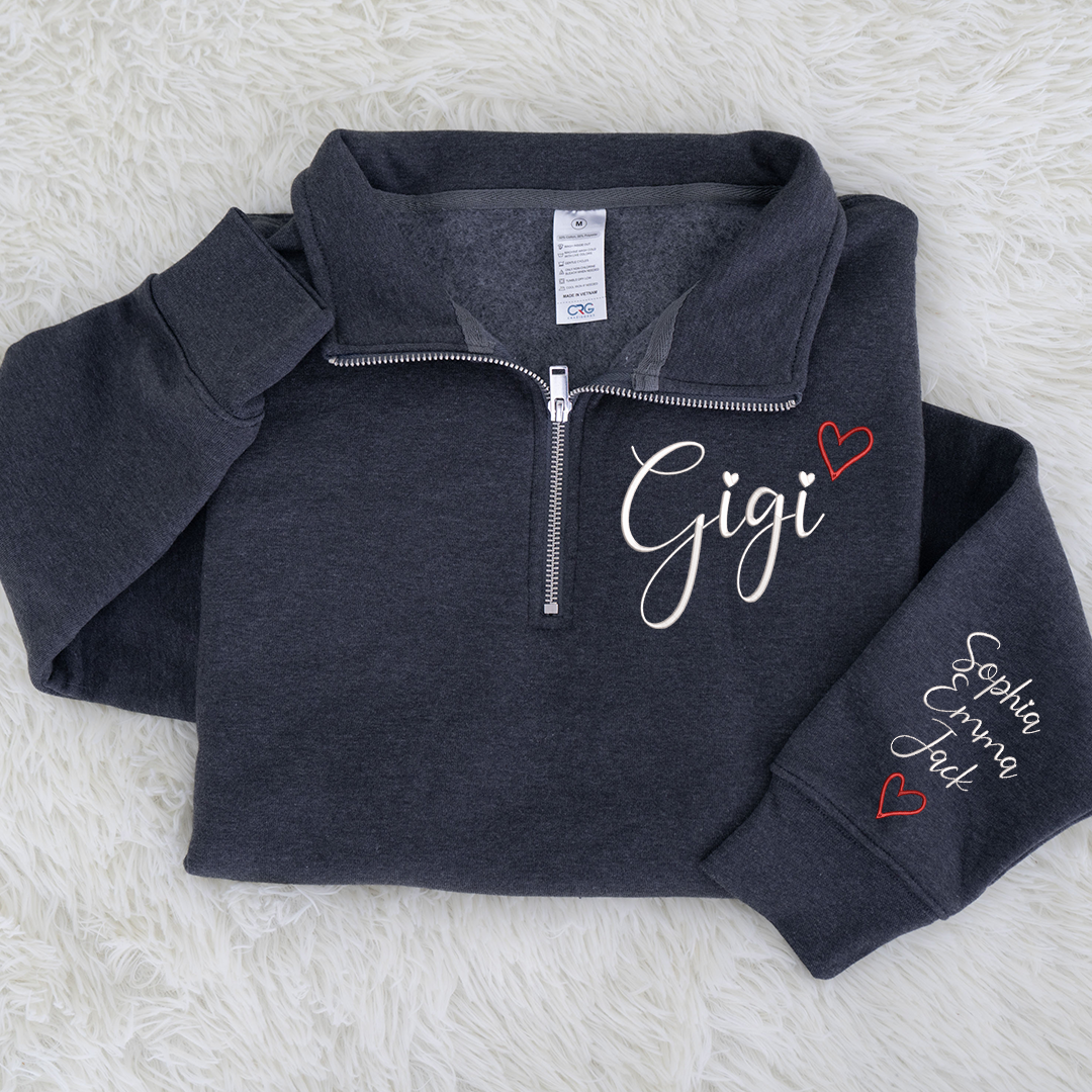 Gigi Heart Sweatshirt, Personalized Gigi Embroidered Quarter Zip Sweater