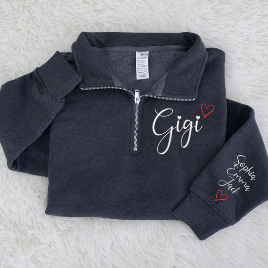 Gigi Heart Sweatshirt, Personalized Gigi Embroidered Quarter Zip Sweater