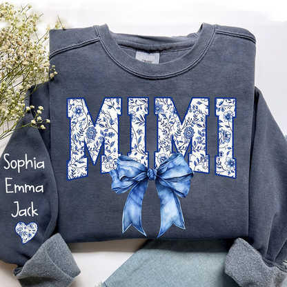 Mimi Floral Toile Blue Water Color Coquette Bow Gift For Grandma And Grandkids Sweatshirt