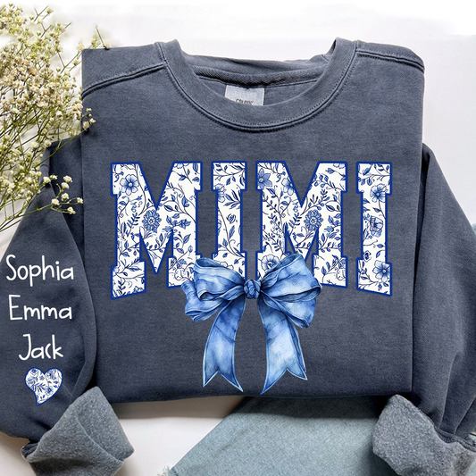 Mimi Floral Toile Blue Water Color Coquette Bow Gift For Grandma And Grandkids Sweatshirt