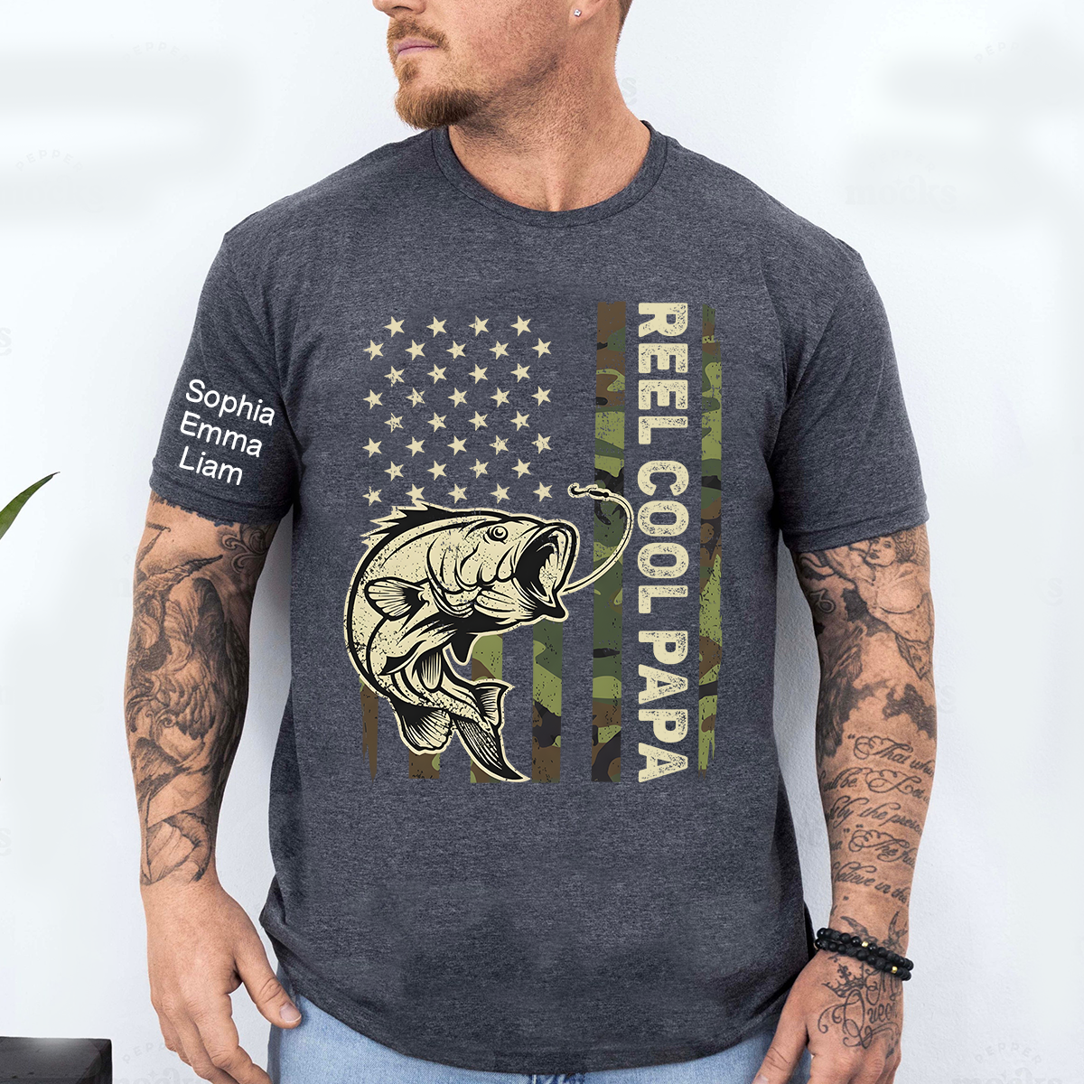 Personalized Reel Cool Papa Fishing Shirt Custom Kids Names on Sleeve, Bass Fish American Flag Shirt for Grandpa Dad, Fathers Day Family Gift