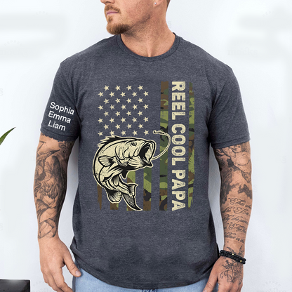 Personalized Reel Cool Papa Fishing Shirt Custom Kids Names on Sleeve, Bass Fish American Flag Shirt for Grandpa Dad, Fathers Day Family Gift