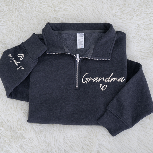 Custom Embroidered Grandma heart Sweatshirt And Grandkids Quarter Zip Sweater