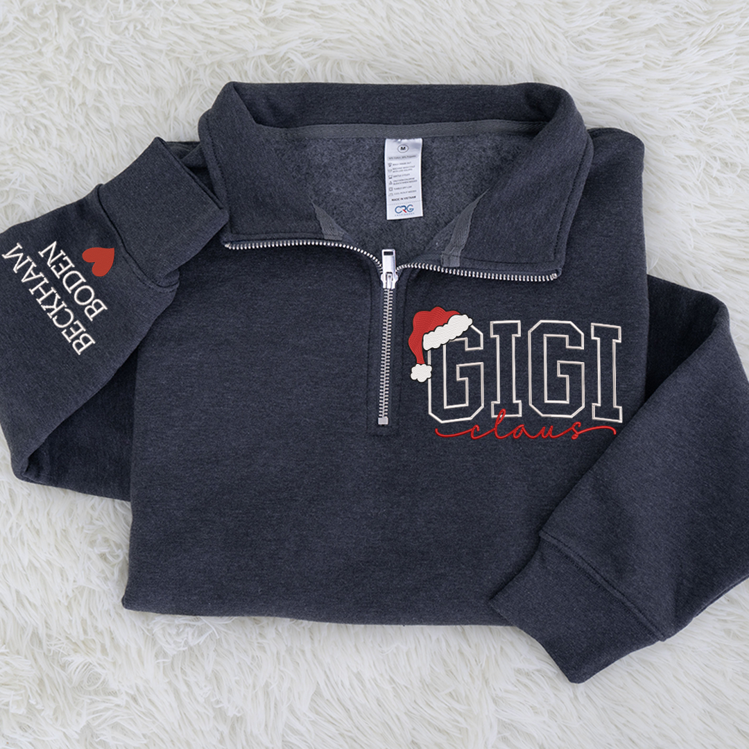 Custom Embroidered Gigi claus Sweatshirt And Grandkids Quarter Zip Sweater
