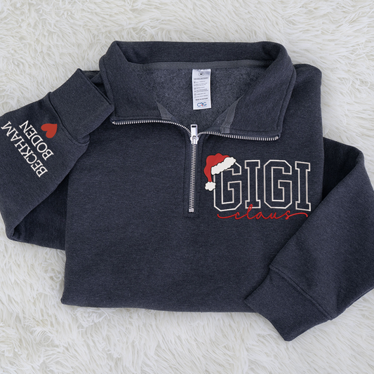 Custom Embroidered Gigi claus Sweatshirt And Grandkids Quarter Zip Sweater