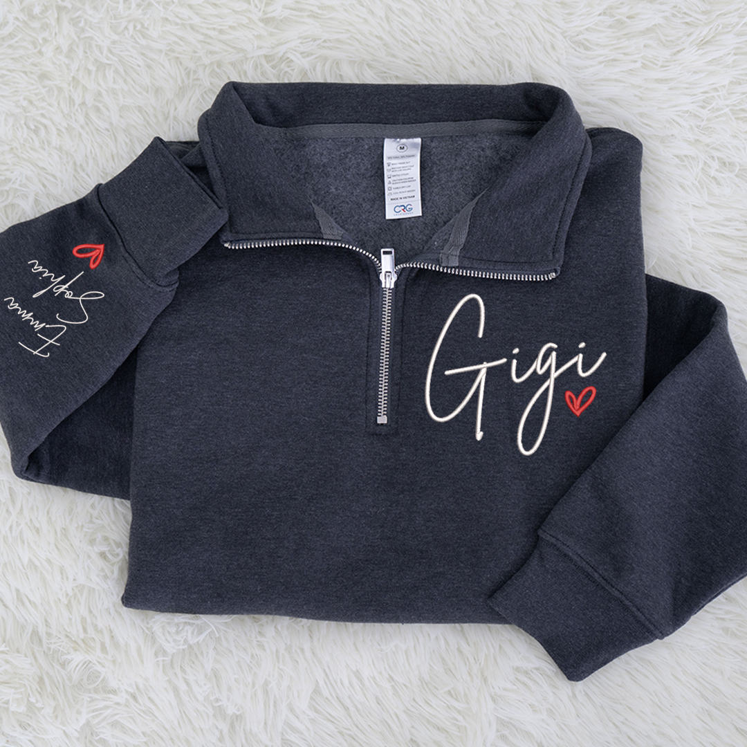 Embroidered Gigi heart Sweatshirt And Grandkids Quarter Zip Sweater
