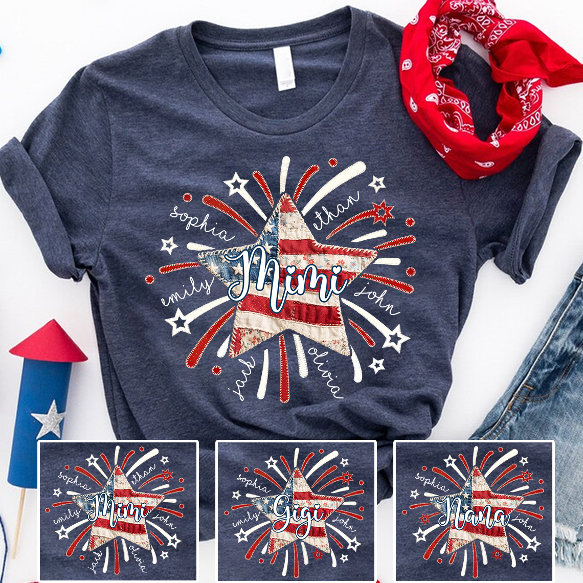 Personalized Mimi Patriotic Patchwork Star Shirt Custom Kids Names, American Flag Fireworks Graphic T Shirt for Grandma Nana Gigi, 4th of July Family Gift
