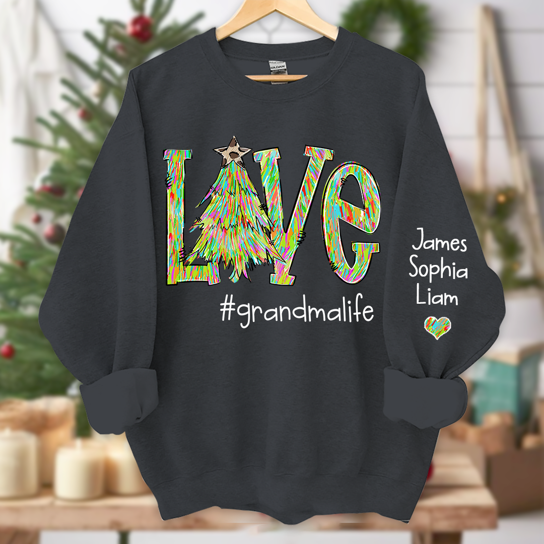 Love Tree Color Leopard Print Merry Christmas Grandmalife and Grandkids on sleeve Sweatshirt