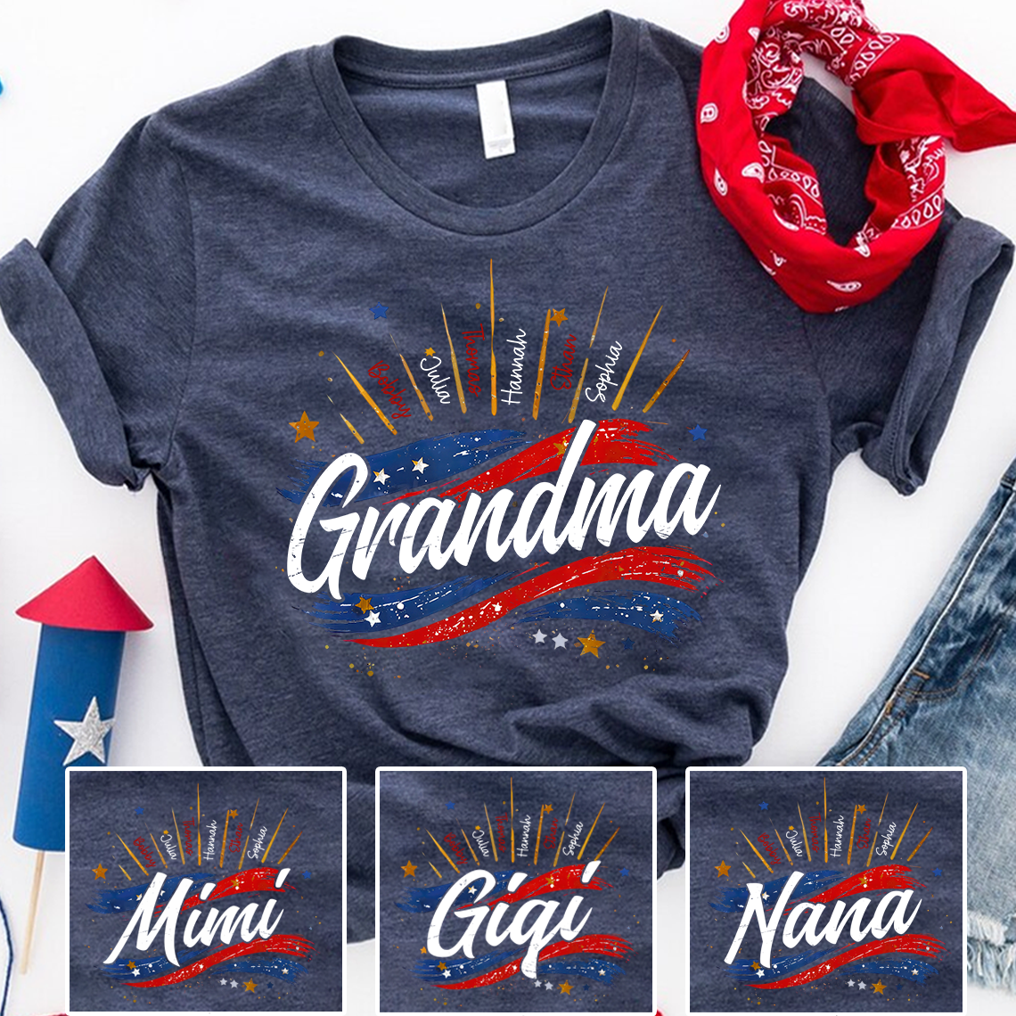 Personalized Grandma Shirt, Custom American Flag Design with Kids' Names, Family T Shirt for 4th of July