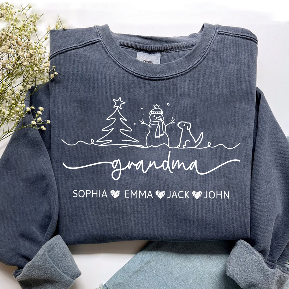 Grandma Snowman Dog Line Drawing And Grandkids Merry Christmas Sweatshirt