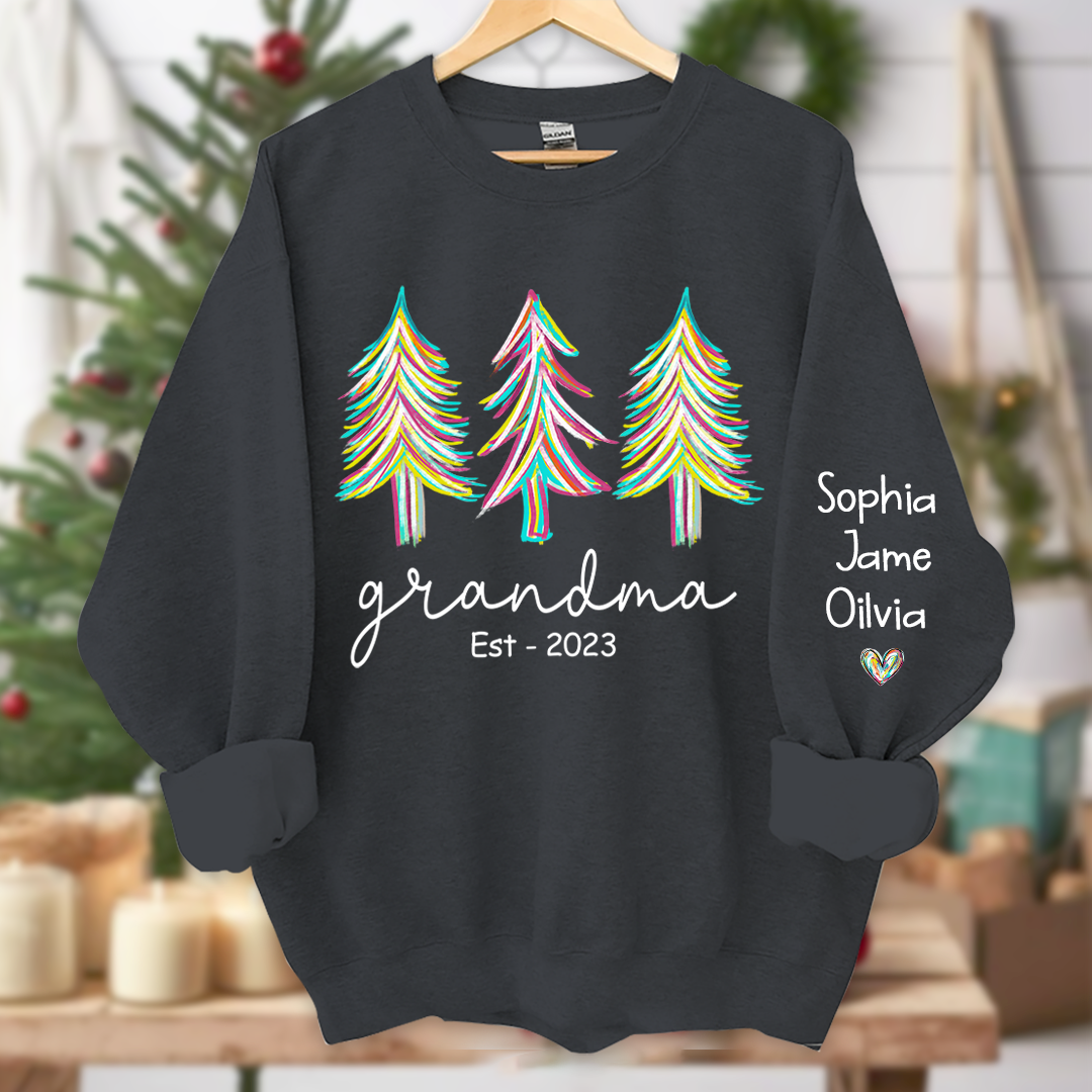 Grandma Est Christmas trees color paint And Grandkids Names Sweatshirt