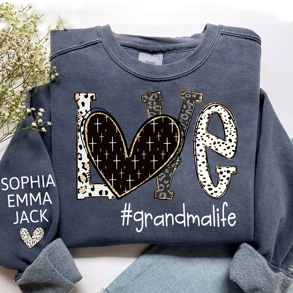 Personalized Love grandmalife Sweatshirt Bible Style Design & Custom Grandkids Names on Sleeve Sweatshirt