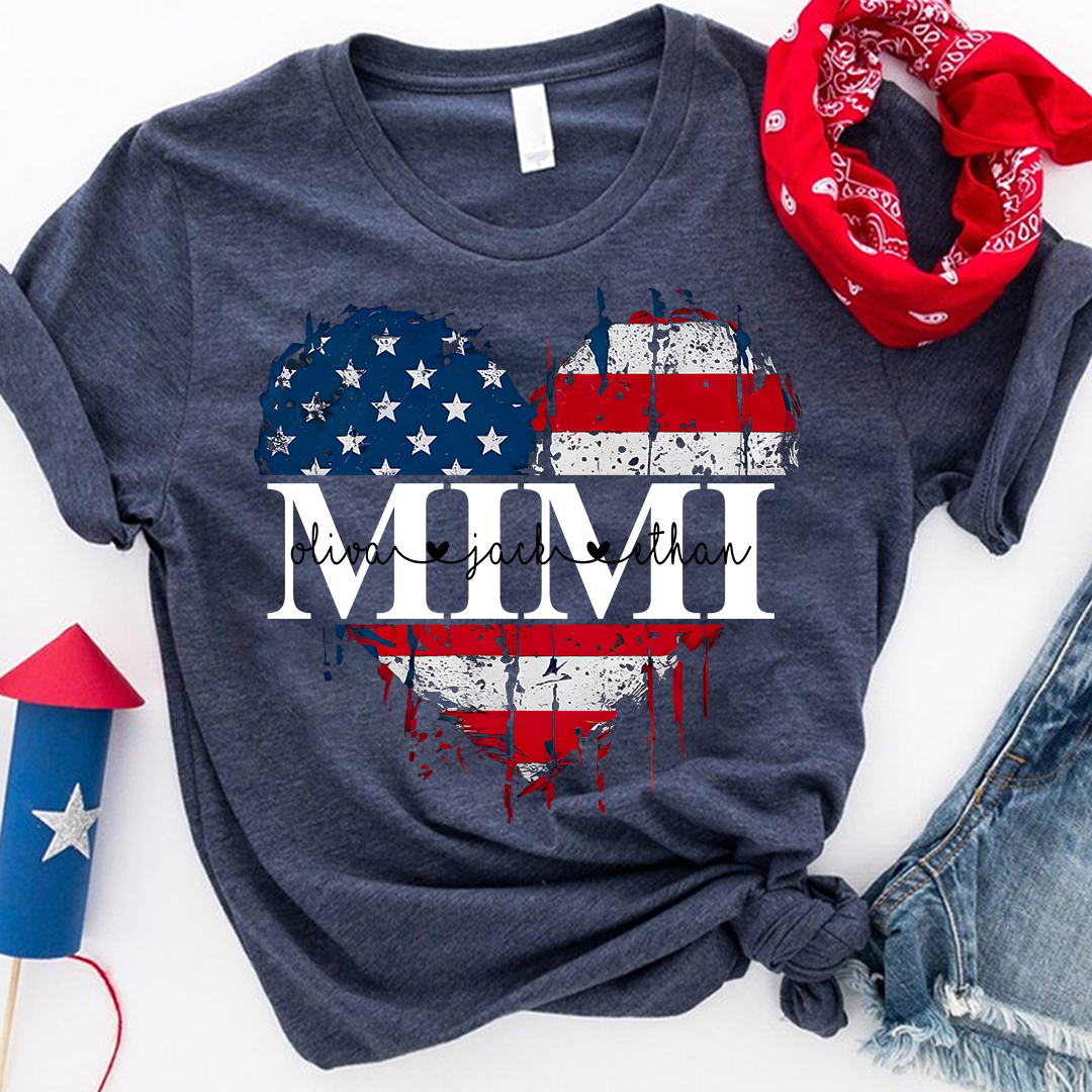 Personalized Mimi's Heart Flag T-shirt with Patriotic Design, Grandma Gigi Mama Mimi Shirt for 4th of July, Patriotic Gift for Mother's Day