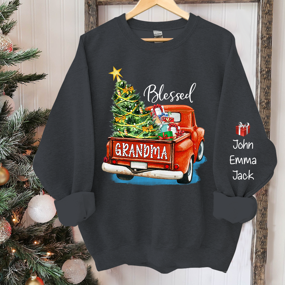 Blessed Grandma Christmas Tree Truck And Grandkids Sweatshirt