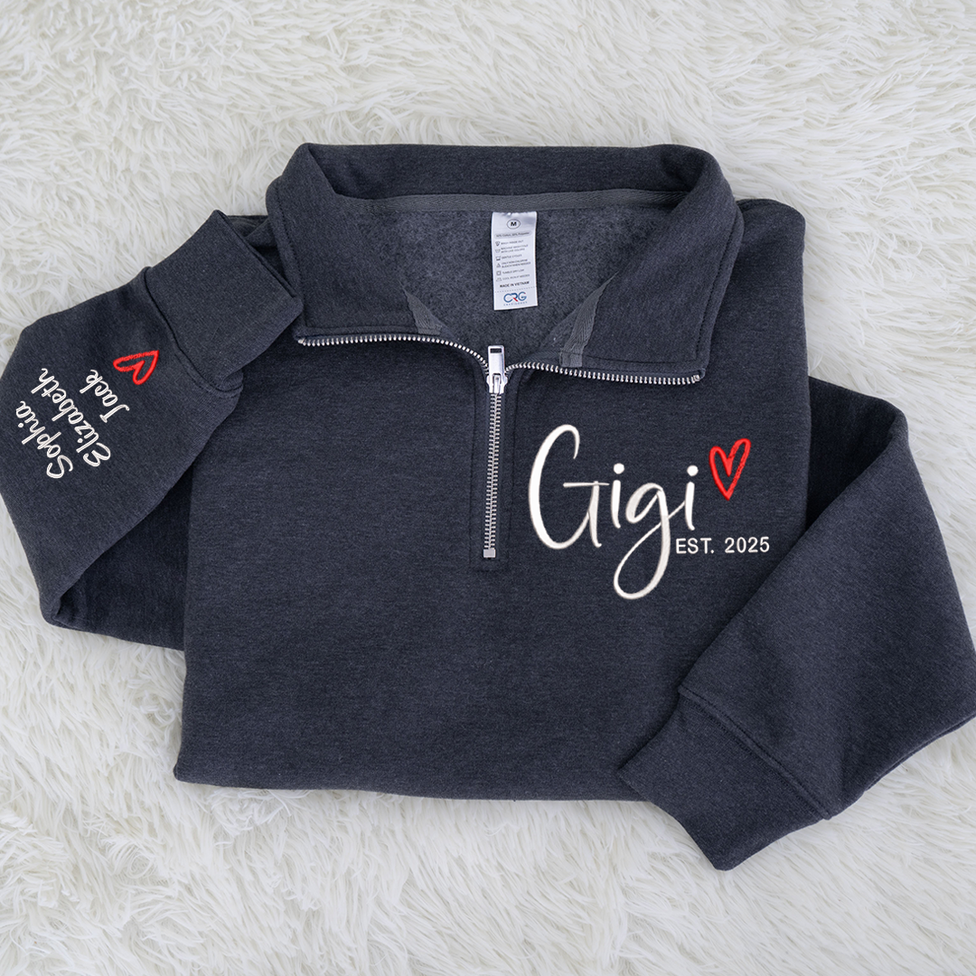 Custom Gigi Heart Est Sweatshirt, Personalized Gigi And Grandkids Embroidered Quarter Zip Sweater
