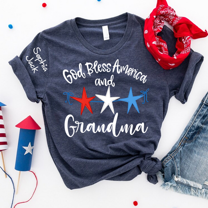 Personalized Custom God Bless America And Grandma T-shirt with Stars Design, Grandma Gigi Mama Mimi Shirt for 4th of July, Patriotic Gift for Mother's Day