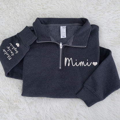 Personalized Mimi Heart Sweatshirt, Mimi And Grandkids Embroidered Quarter Zip Sweater