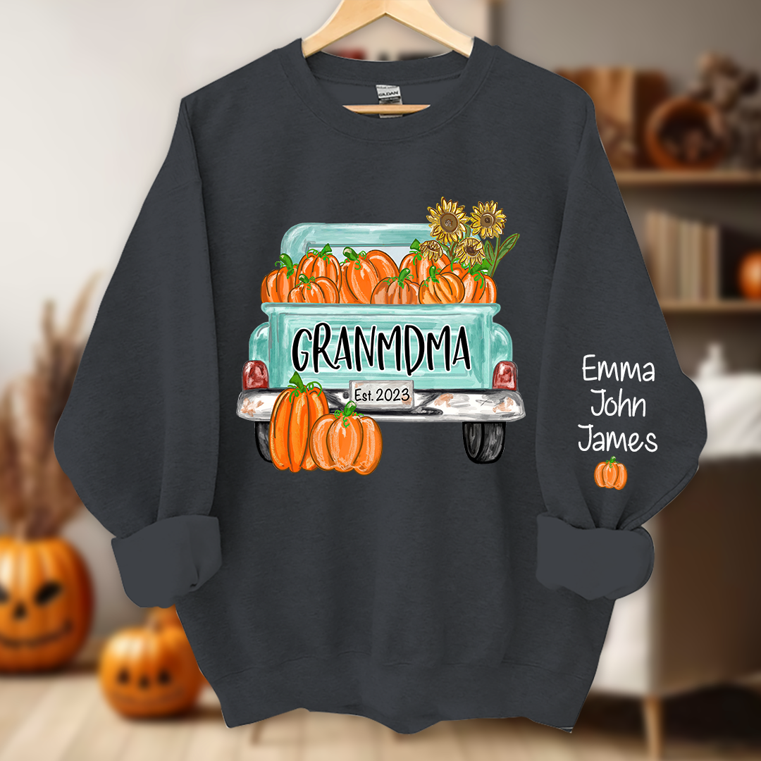 Grandma Truck with Pumpkins Flower Autumn And Grandkids Sweatshirt