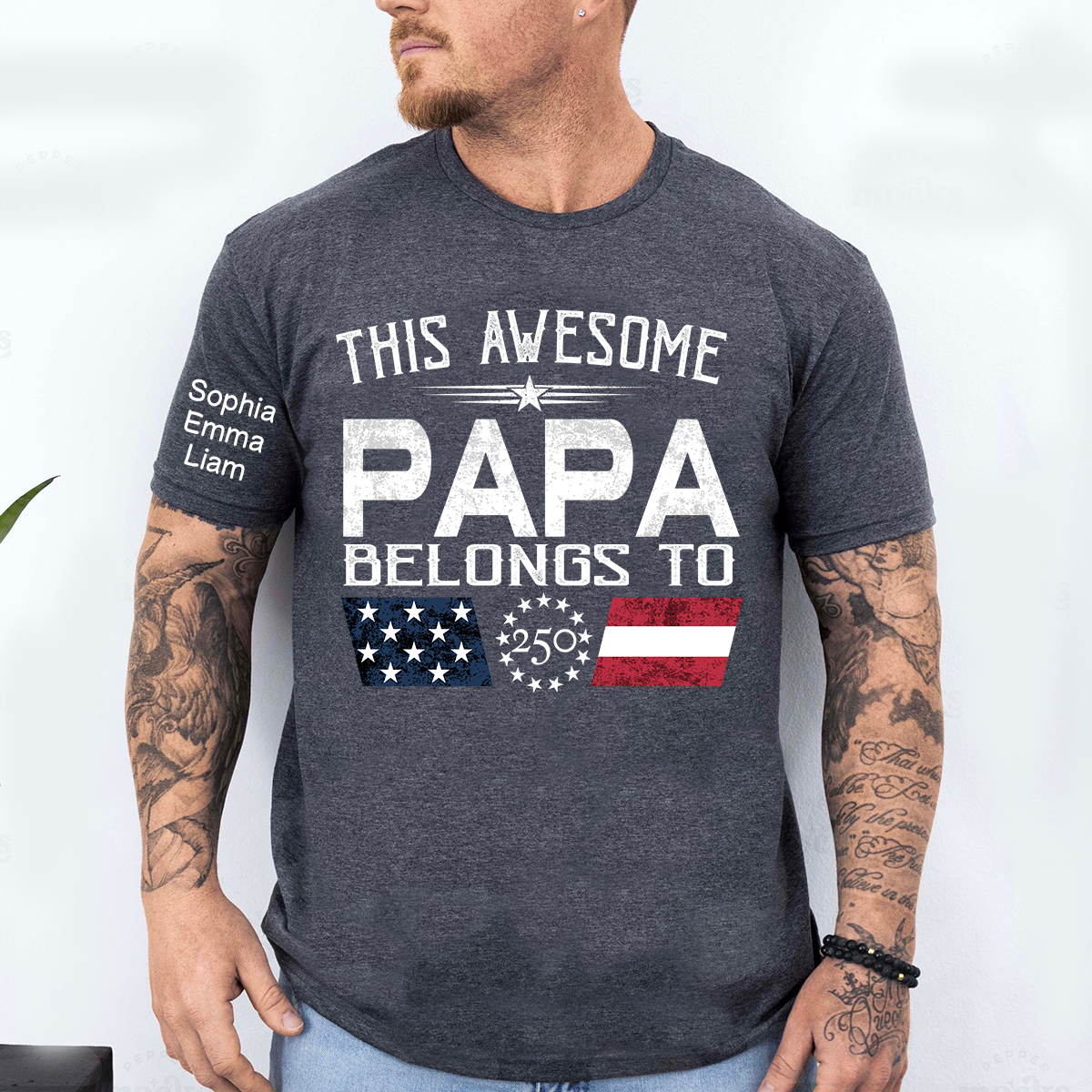 This Awesome Papa Belongs To Shirt, Personalized Patriotic Grandpa T-Shirt with Kids Names, U.S. 250th Anniversary Independence Day Gift