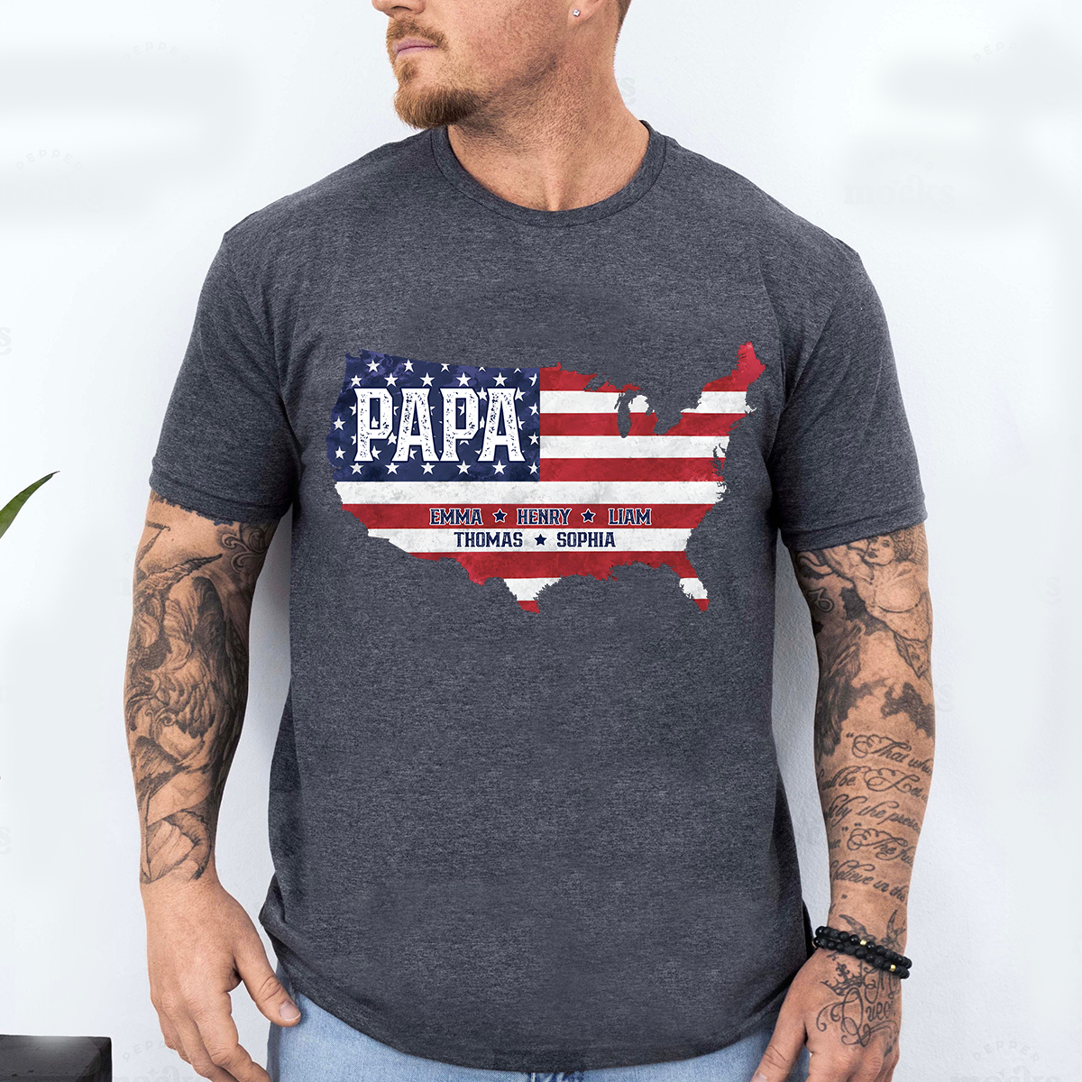 Personalized Papa American Flag Map Shirt Custom Kids Names, Patriotic Family Shirt for Dad Grandpa, Father's Day 4th of July