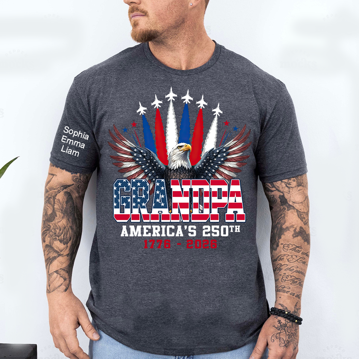 Personalized Grandpa America's 250th Anniversary Shirt Custom Kids Names on Sleeve, Patriotic Eagle Independence Day Shirt, U.S. 250th Anniversary Apparel
