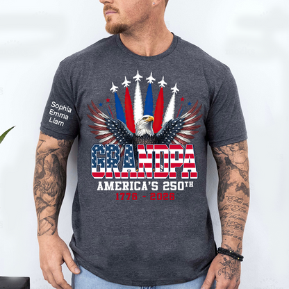 Personalized Grandpa America's 250th Anniversary Shirt Custom Kids Names on Sleeve, Patriotic Eagle Independence Day Shirt, U.S. 250th Anniversary Apparel