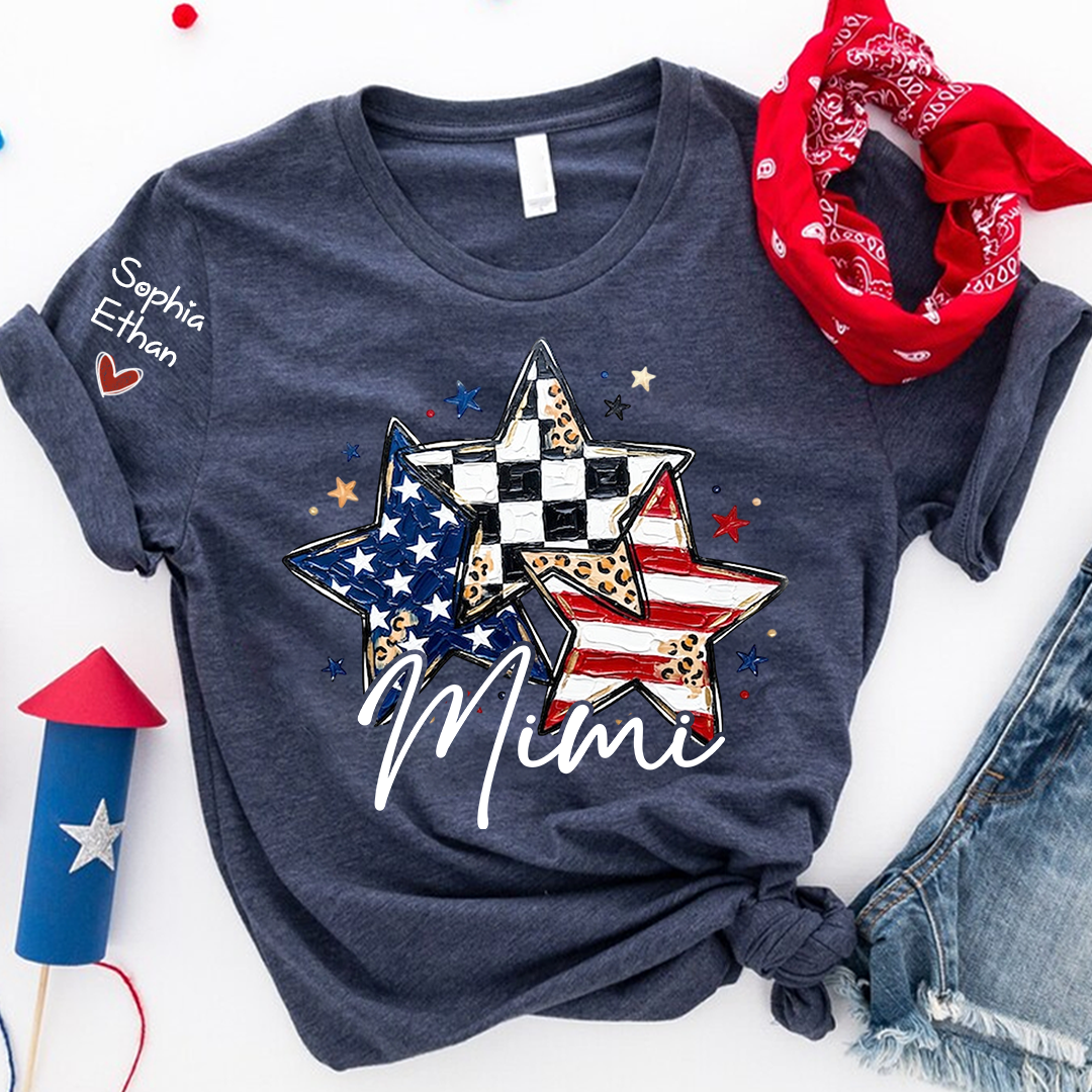 Personalized American Flag Star T-Shirt – Custom Mimi, Gigi, Nana Shirts, Fun Patriotic Gift for Grandparents, Perfect for Mother’s Day, Independence Day, and Birthdays