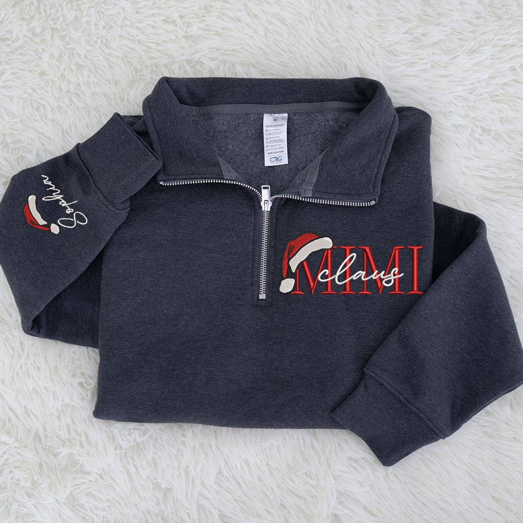 Mimi Claus Sweatshirt, Grandma And Grandkids Embroidered Quarter Zip Sweater
