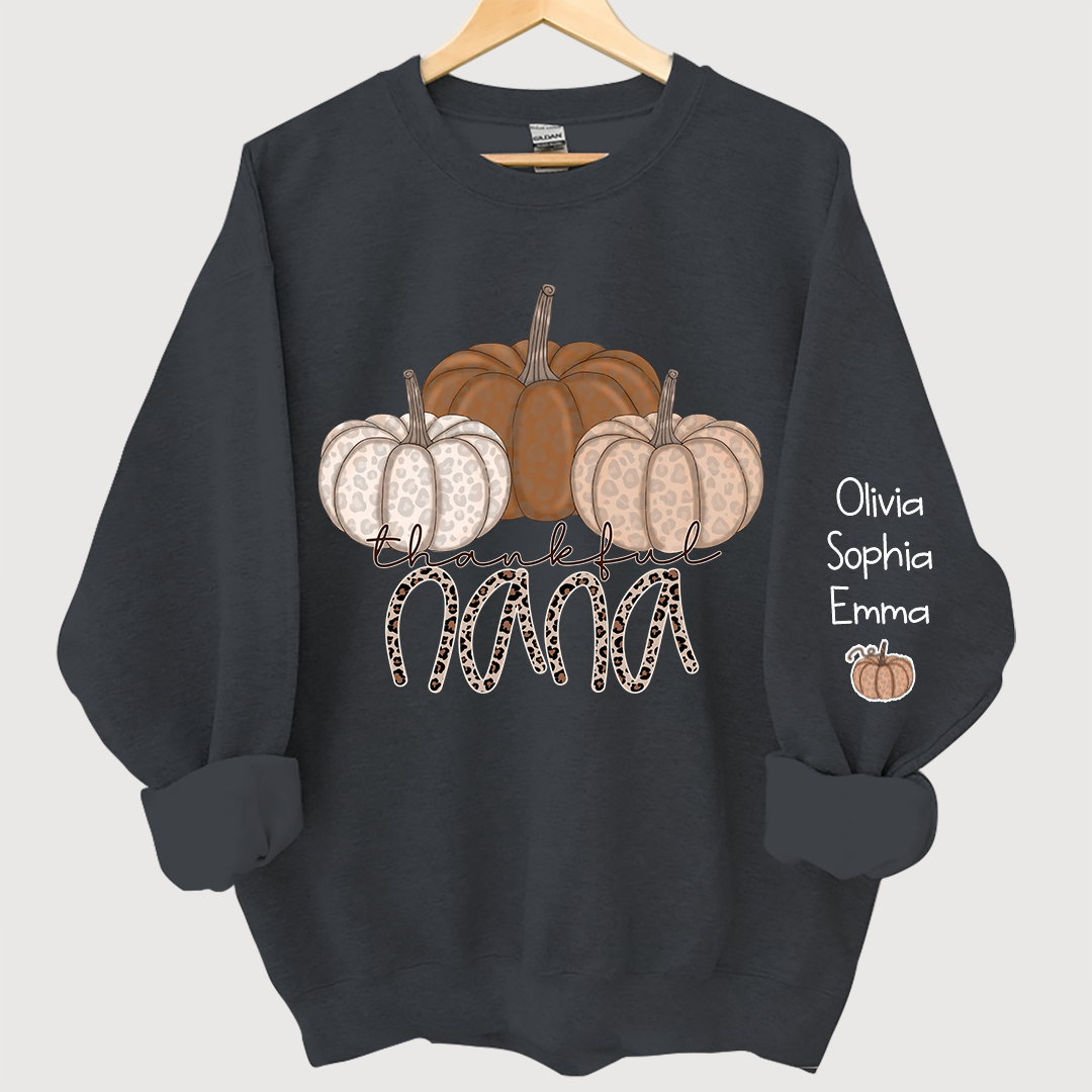Thankful Nana Pumpkin Leopard and Grandkids on sleeve Sweatshirt