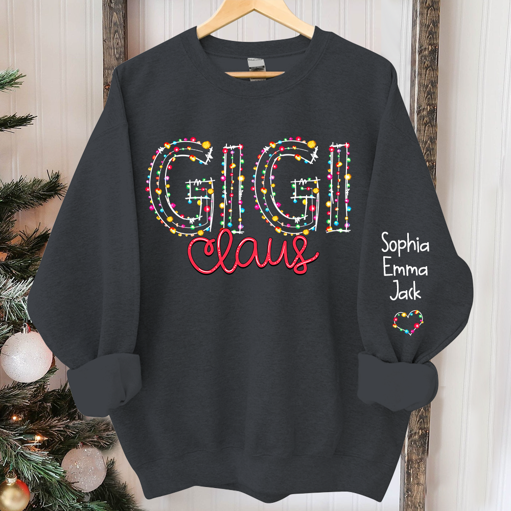 Personalized Gigi Claus Christmas lights And Grandkids Christmas Merry Sweatshirt