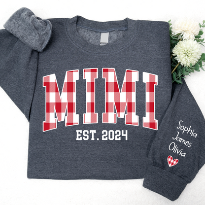 Personalized Nickname Mimi Buffalo Plaid And GrandKids Names Christmas 2024 Sweatshirt
