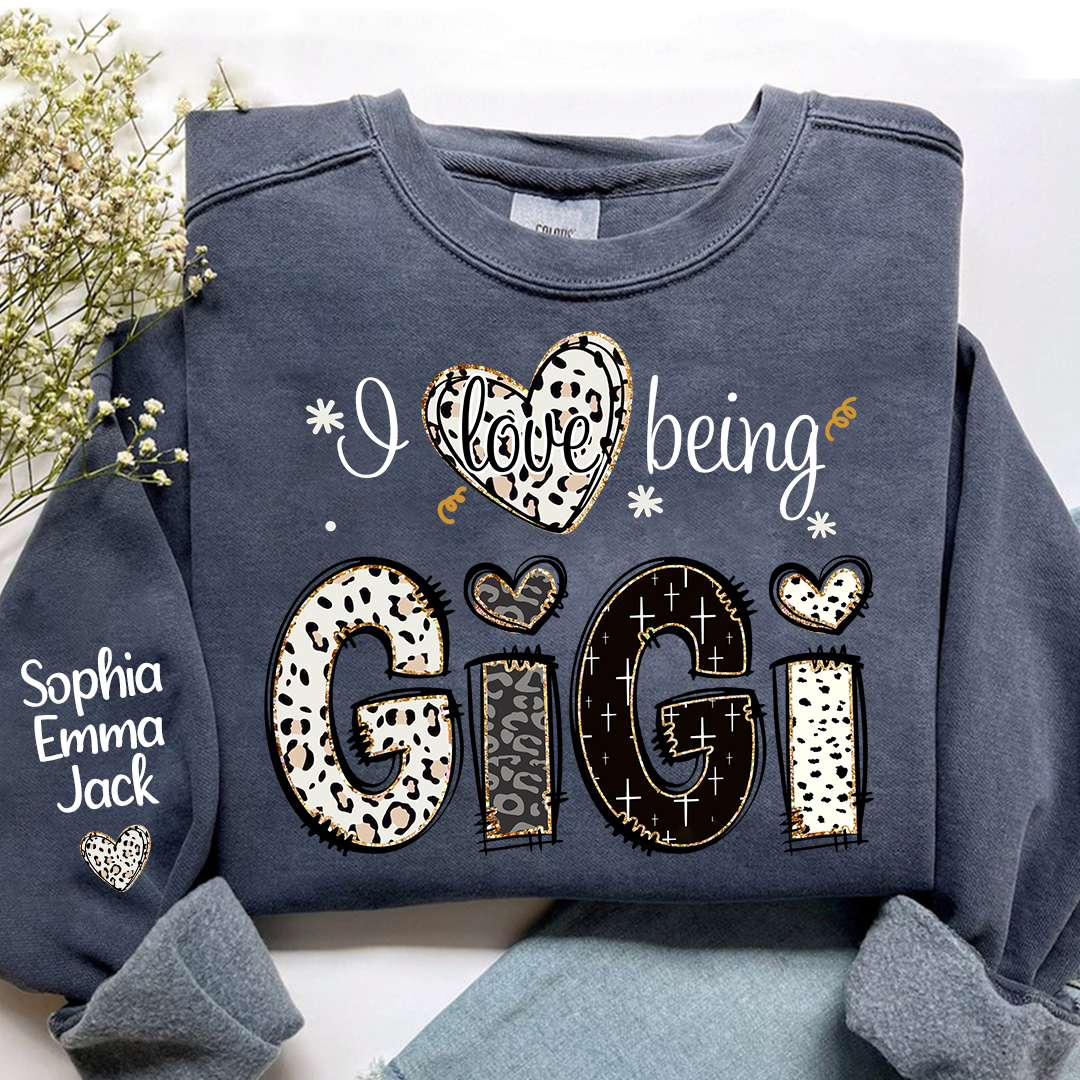 I love being Gigi Bible Style Gift For Grandma And Grandkids Names on Sleeve Sweatshirt