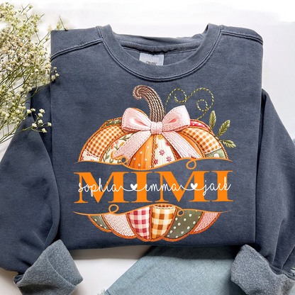 Mimi Pumpkin with Grandkids Name Design – Fall Gift for Grandma Sweatshirt