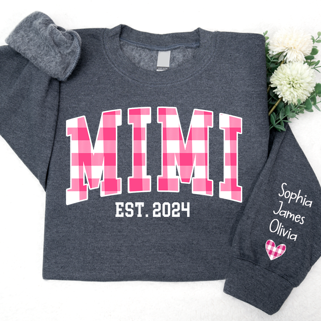 Custom Nickname Mimi Buffalo Plaid Pink And GrandKids Names Christmas 2024 Sweatshirt