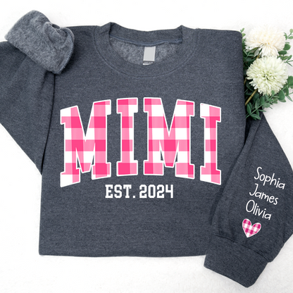 Custom Nickname Mimi Buffalo Plaid Pink And GrandKids Names Christmas 2024 Sweatshirt