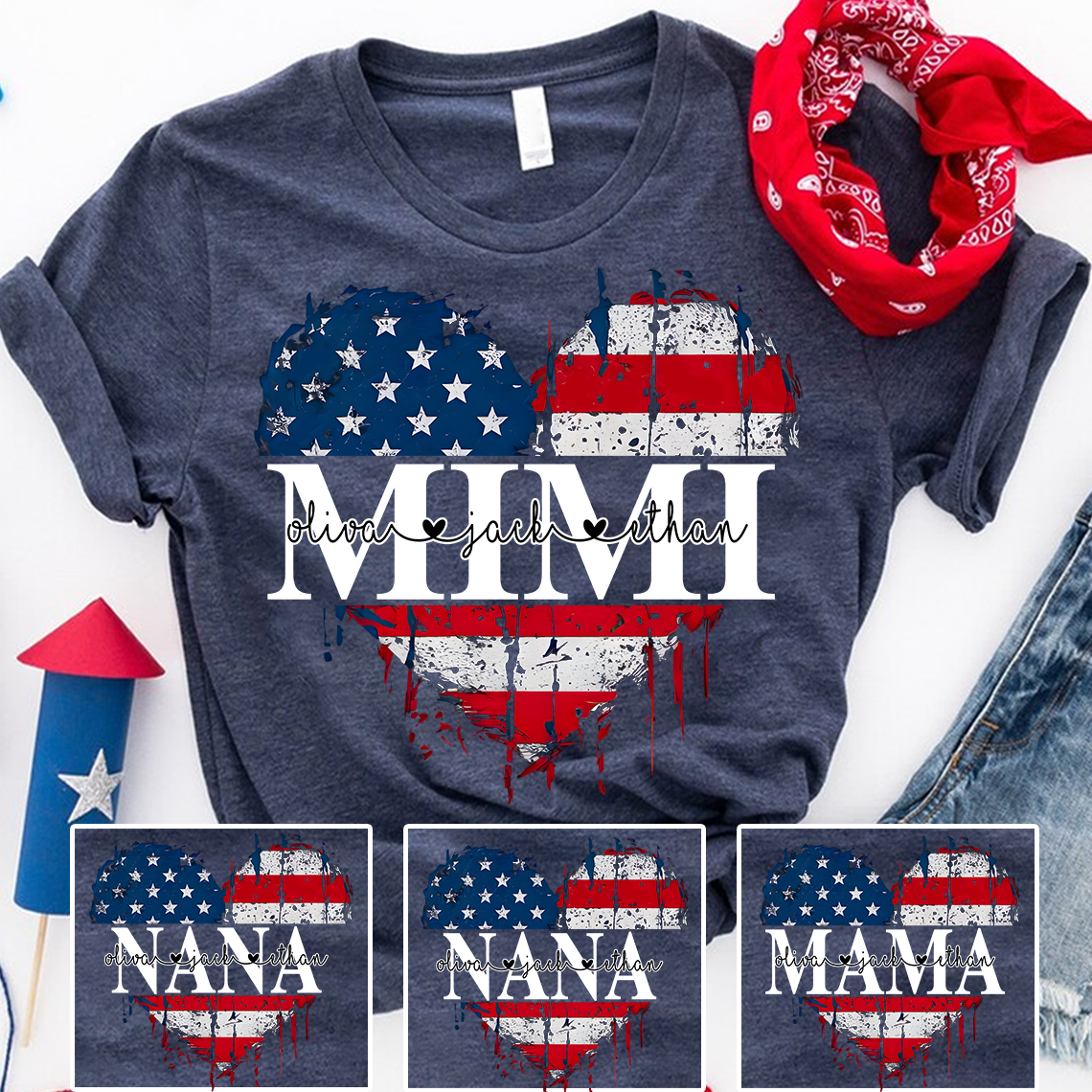 Personalized Mimi's Heart Flag T-shirt with Patriotic Design, Grandma Gigi Mama Mimi Shirt for 4th of July, Patriotic Gift for Mother's Day