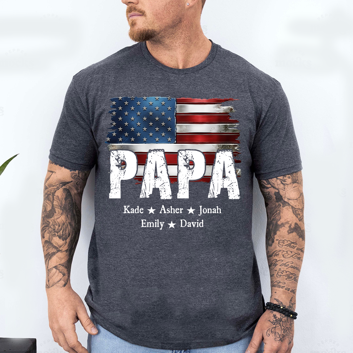 Personalized Papa Shirt Custom Kids Names Patriotic USA Flag, Custom Family Nickname for Dad Grandpa Birthday Father's Day Gift